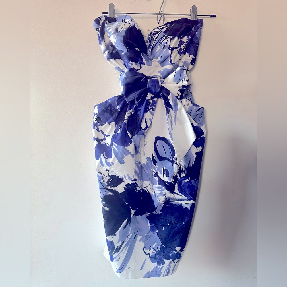 Suzi Chin Strapless Dress in Blue and White Floral